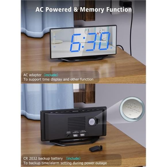 Alarm Clock Bedroom,8.7"Big Display Digital LED Mirror Clock with 2 Alarms - Picture 3 of 6